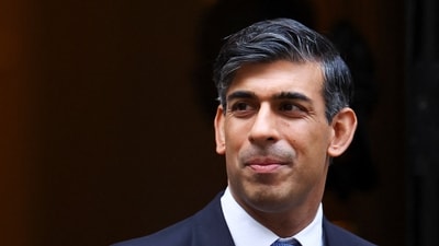 Britain's prime minister Rishi Sunak reacts outside 10 Downing Street in London. (Reuters)