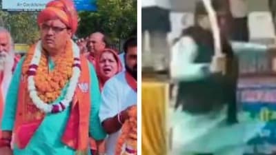 Rajasthan new CM Bhajan Lal Sharma (left) in his old 'Singham' video. Madhya Pradesh new CM Mohan Yadav, on the right, brandishing swords in a 2019 video. Rajasthan new CM Bhajan Lal Sharma (left) in his old 'Singham' video. Madhya Pradesh new CM Mohan Yadav, on the right, brandishing swords in a 2019 video.