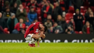 Manchester United's Bruno Fernandes is dejected after the group A Champions League match between Manchester United and Bayern Munich (AP) Manchester United's Bruno Fernandes is dejected after the group A Champions League match between Manchester United and Bayern Munich (AP)