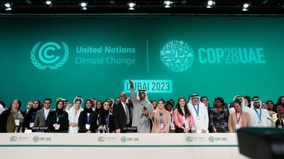 Welcoming the agreement, Union Environment Minister Bhupender Yadav congratulated the UAE’s COP Presidency “for its fairness, transparency and free exchange of thought”. (AP) Welcoming the agreement, Union Environment Minister Bhupender Yadav congratulated the UAE’s COP Presidency “for its fairness, transparency and free exchange of thought”. (AP)