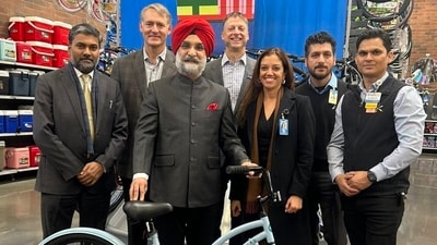 Indian ambassador Taranjit Singh Sandhu posing with India made cycle in US. (X/ @SandhuTaranjitS) Indian ambassador Taranjit Singh Sandhu posing with India made cycle in US. (X/ @SandhuTaranjitS)