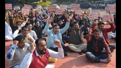 Haryana Computer Professionals Association during a protest in Panchkula on Tuesday. (Sant Arora/HT)