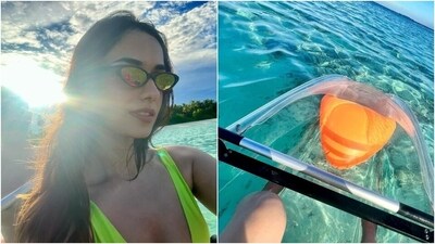Manushi styled the swimwear look with no accessories and cat-eye sunglasses with tinted glasses. Lastly, lightly-tousled open wavy locks, mauve lip shade, rouge on the cheeks, and glowing skin gave the finishing touch.&nbsp; (Instagram)