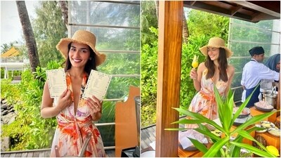 Manushi styled the outfit with a straw hat, gold rings, open locks, shimmering eye shadow, berry-toned lip shade, rouge on the cheeks, mascara-adorned lashes, on-fleek brows, and glowing skin for the glam picks.&nbsp; (Instagram)