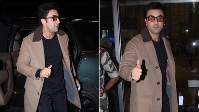 Ranbir Kapoor's layering game at the airport is on point. (HT Photo/Varinder Chawla) Ranbir Kapoor's layering game at the airport is on point. (HT Photo/Varinder Chawla)
