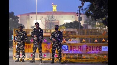 Security personnel high alert near Parliament House, as police detained two persons on security breach at Lok Sabha. (Hindustan Times)