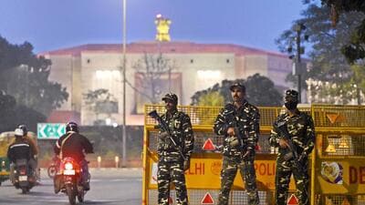 Security personnel near Parliament House on Wednesday. (Sanjeev Verma/HT) Security personnel near Parliament House on Wednesday. (Sanjeev Verma/HT)