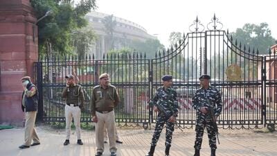 Security personnel outside Parliament on Wednesday. (Vipin Kumar/HT)