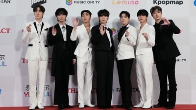Members of South Korean K-Pop group ATEEZ pose as they arrive to attend The Fact Music Awards in Incheon, South Korea, Tuesday, Oct. 10, 2023. (AP Photo/Ahn Young-joon) (AP) Members of South Korean K-Pop group ATEEZ pose as they arrive to attend The Fact Music Awards in Incheon, South Korea, Tuesday, Oct. 10, 2023. (AP Photo/Ahn Young-joon) (AP)