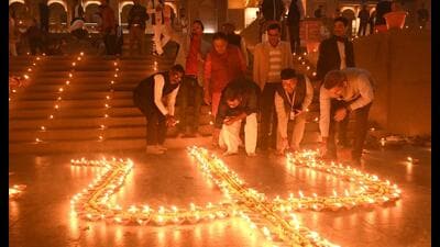 The Kashi Vishwanath Corridor in Varanasi decorated to mark its second anniversary. (Rajesh Kumar/HT Photo)