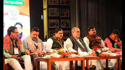 UP BJP chief Bhupendra Chaudhary, state general secretary (organisation) Dharampal Singh and other leaders at the party’s training workshop in Lucknow on Wednesday. (Sourced) UP BJP chief Bhupendra Chaudhary, state general secretary (organisation) Dharampal Singh and other leaders at the party’s training workshop in Lucknow on Wednesday. (Sourced)