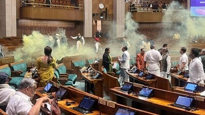 The intruders sprayed some yellow gas in a major security breach in the Lok Sabha. (Social media) The intruders sprayed some yellow gas in a major security breach in the Lok Sabha. (Social media)