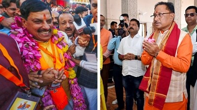 Madhya Pradesh new CM Mohan Yadav (left) and Chhattisgarh new CM Vishnu Deo Sai will take the oath today. Madhya Pradesh new CM Mohan Yadav (left) and Chhattisgarh new CM Vishnu Deo Sai will take the oath today.