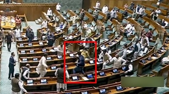A video grab shows an unidentified man jumping from the visitor's gallery of Lok Sabha. (ANI)