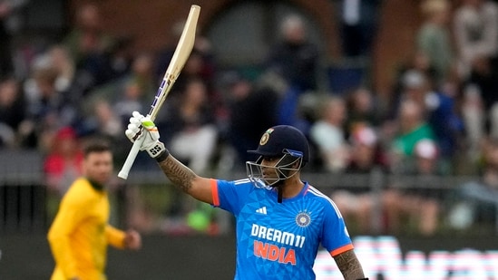 India's captain Suryakumar Yadav celebrates his half-century (AP)