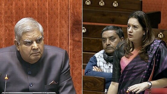 Rajya Sabha chairman Jagdeep Dhankhar listens to Shiv Sena MP Priyanka Chaturvedi in the House during the Winter Session of Parliament (HT_PRINT)