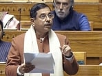 Union minister for Parliamentary Affairs, Pralhad Joshi, speaks in Lok Sabha during the Winter Session of Parliament. 