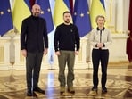 Ukraine's President Volodymyr Zelenskiy, European Commission President Ursula von der Leyen and European Council President Charles Michel (Reuters/File)