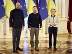 Ukraine's President Volodymyr Zelenskiy, European Commission President Ursula von der Leyen and European Council President Charles Michel. (Reuters)