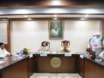 Madhya Pradesh CM Mohan Yadav during his first cabinet meeting, in Bhopal, Wednesday, Dec. 13, 2023. (PTI Photo)(PTI)