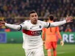 Kylian Mbappe reacts after scoring a goal that was disallowed by the VAR due to offside during the UEFA Champions League group F football match