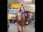 Man riding on a bull in Delhi. 
