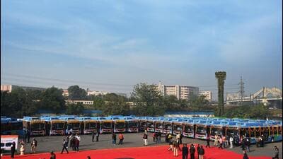 500 new electric buses at IP Depot in New Delhi on Thursday. (Arvind Yadav/HT Photo)