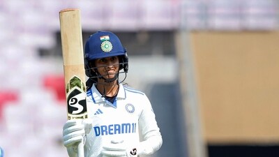 India's Jemimah Rodrigues celebrates her half-century during the One-off test match against England Women, at Dr DY Patil Sports Academy in Navi Mumbai on Thursday. (BCCI Women-X) India's Jemimah Rodrigues celebrates her half-century during the One-off test match against England Women, at Dr DY Patil Sports Academy in Navi Mumbai on Thursday. (BCCI Women-X)