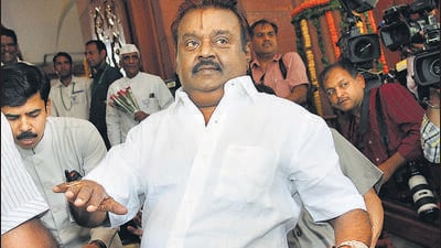 Actor-turned-politician Vijayakanth ,71, was the leader of opposition in Tamil Nadu in 2011 but his party, Desiya Murpokku Dravida Kazhagam (DMDK), has seen a steep fall in the subsequent years. (HT Archives) Actor-turned-politician Vijayakanth ,71, was the leader of opposition in Tamil Nadu in 2011 but his party, Desiya Murpokku Dravida Kazhagam (DMDK), has seen a steep fall in the subsequent years. (HT Archives)
