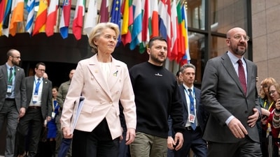 From left, European Commission President Ursula von der Leyen, Ukraine's President Volodymyr Zelenskyy and European Council President Charles Michel. (File/AP) From left, European Commission President Ursula von der Leyen, Ukraine's President Volodymyr Zelenskyy and European Council President Charles Michel. (File/AP)