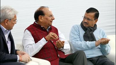 Delhi LG VK Saxena, chief minister Arvind Kejriwal at IP Depot in the city on Thursday. (Arvind Yadav/HT Photo) Delhi LG VK Saxena, chief minister Arvind Kejriwal at IP Depot in the city on Thursday. (Arvind Yadav/HT Photo)