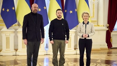 Ukraine's President Volodymyr Zelenskiy, European Commission President Ursula von der Leyen and European Council President Charles Michel. (Reuters)