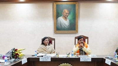 Madhya Pradesh CM Mohan Yadav during his first cabinet meeting, in Bhopal, Wednesday, Dec. 13, 2023. (PTI Photo) (PTI) Madhya Pradesh CM Mohan Yadav during his first cabinet meeting, in Bhopal, Wednesday, Dec. 13, 2023. (PTI Photo) (PTI)