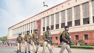 Security personnel keeping vigil at Parliament house in Delhi on Thursday. (ANI) Security personnel keeping vigil at Parliament house in Delhi on Thursday. (ANI)