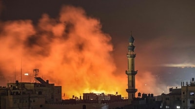 Fire and smoke erupt after Israeli bombardment in Rafah in the southern Gaza Strip. (AFP) Fire and smoke erupt after Israeli bombardment in Rafah in the southern Gaza Strip. (AFP)