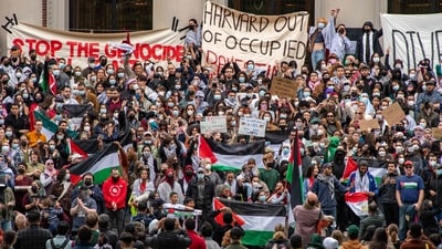 Supporters of Palestine gather at Harvard University to show their support for Palestinians in Gaza at a rally in Cambridge, Massachusetts, on October 14, 2023 (Photo by Joseph Prezioso / AFP) (AFP) Supporters of Palestine gather at Harvard University to show their support for Palestinians in Gaza at a rally in Cambridge, Massachusetts, on October 14, 2023 (Photo by Joseph Prezioso / AFP) (AFP)