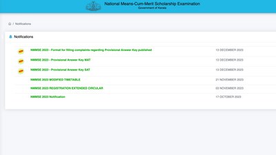 Kerala NMMS answer key 2023 released on nmmse.kerala.gov.in (Screenshot of official website) Kerala NMMS answer key 2023 released on nmmse.kerala.gov.in (Screenshot of official website)