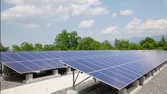 Solar panels atop a government office in Prayagraj (HT File Photo)