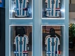 A collection of six shirts, worn by footballer Lionel Messi at the 2022 FIFA World Cup, on display at Sotheby's,