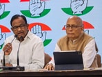 Congress leaders P Chidambaram and Abhishek Manu Singhvi during a press conference, at party office in New Delhi. Congress leaders P Chidambaram and Abhishek Manu Singhvi during a press conference, at party office in New Delhi.