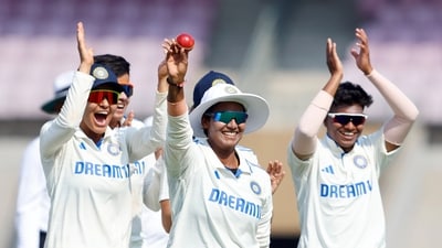 India Women's Deepti Sharma and teammates celebrate her five-wicket haul during Day 2 of the One-off test match against England Women, at Dr DY Patil Sports Academy in Navi Mumbai on Friday (BCCI Women-X) India Women's Deepti Sharma and teammates celebrate her five-wicket haul during Day 2 of the One-off test match against England Women, at Dr DY Patil Sports Academy in Navi Mumbai on Friday (BCCI Women-X)