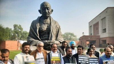 New Delhi, Dec 15 (ANI): Suspended Trinamool Congress (TMC) MP Derek O'Brien stage a protest over his and 13 other Opposition MPs' suspension for the remainder of the Winter Session of Parliament, in New Delhi on Friday. Leader of Congress in Lok Sabha Adhir Ranjan Chowdhury is also present. (ANI Photo) (ANI Picture Service) New Delhi, Dec 15 (ANI): Suspended Trinamool Congress (TMC) MP Derek O'Brien stage a protest over his and 13 other Opposition MPs' suspension for the remainder of the Winter Session of Parliament, in New Delhi on Friday. Leader of Congress in Lok Sabha Adhir Ranjan Chowdhury is also present. (ANI Photo) (ANI Picture Service)