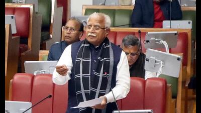 Haryana chief minister Manohar Lal speaking on the first day of the winter session of Haryana Vidhan Sabha at Chandigarh on Friday. (Keshav Singh/HT) Haryana chief minister Manohar Lal speaking on the first day of the winter session of Haryana Vidhan Sabha at Chandigarh on Friday. (Keshav Singh/HT)