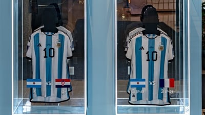 A collection of six shirts, worn by footballer Lionel Messi at the 2022 FIFA World Cup, on display at Sotheby's, (AP) A collection of six shirts, worn by footballer Lionel Messi at the 2022 FIFA World Cup, on display at Sotheby's, (AP)