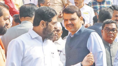 Nagpur:14December2023 A group photo of the existing MLAs of the 2019 Vidhan Sabha including Chief Minister Ekhnath Shinde, DCMs Devendra Fadnavis was organised outside the Vidhan Bhavan premises during the Winter Session of Maharashtra State Assembly, Nagpur. Thursday. Dec 14, 2023. Photo by Sunny Shende:PM100029 (PTI)