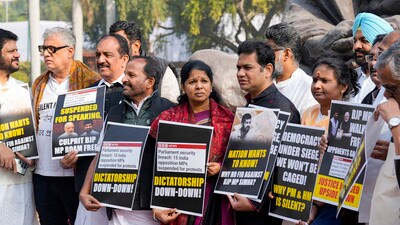Suspended MPs VK Sreekandan, Derek O'Brien, TN Prathapan, Kanimozhi Karunanidhi, Hibi Eden and Ramya Haridas with others stage a protest during the Winter session of Parliament, in New Delhi on Friday. (PTI) Suspended MPs VK Sreekandan, Derek O'Brien, TN Prathapan, Kanimozhi Karunanidhi, Hibi Eden and Ramya Haridas with others stage a protest during the Winter session of Parliament, in New Delhi on Friday. (PTI)