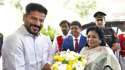 Telangana Governor Tamilisai Soundararajan being welcomed by the state Chief Minister Revanth Reddy on her arrival to address the Telangana Assembly in Hyderabad on Friday. (PTI) Telangana Governor Tamilisai Soundararajan being welcomed by the state Chief Minister Revanth Reddy on her arrival to address the Telangana Assembly in Hyderabad on Friday. (PTI)