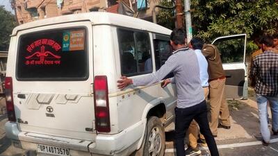 The erring SUV, bearing the sticker of a political party, was seized and a police team is trying to trace the driver who is on the run. (Sakib Ali/HT Photo) The erring SUV, bearing the sticker of a political party, was seized and a police team is trying to trace the driver who is on the run. (Sakib Ali/HT Photo)