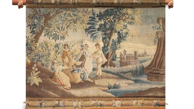 Two textile artworks from the Interwoven archive showcase leisure in different cultures. At top, young men and women play games in a park, in a tapestry from 1760s France. Above, the Shikargarh Dhurrie (1940) depicts an Englishman out on a hunt. (Images: Harvard Art Museums; Museum of Art & Photography, Bengaluru) Two textile artworks from the Interwoven archive showcase leisure in different cultures. At top, young men and women play games in a park, in a tapestry from 1760s France. Above, the Shikargarh Dhurrie (1940) depicts an Englishman out on a hunt. (Images: Harvard Art Museums; Museum of Art & Photography, Bengaluru)
