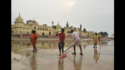 Workers clean Ram Ki Pauri ahead of the foundation laying ceremony of Ram temple, in Ayodhya, in 2020. (PTI File Photo) Workers clean Ram Ki Pauri ahead of the foundation laying ceremony of Ram temple, in Ayodhya, in 2020. (PTI File Photo)